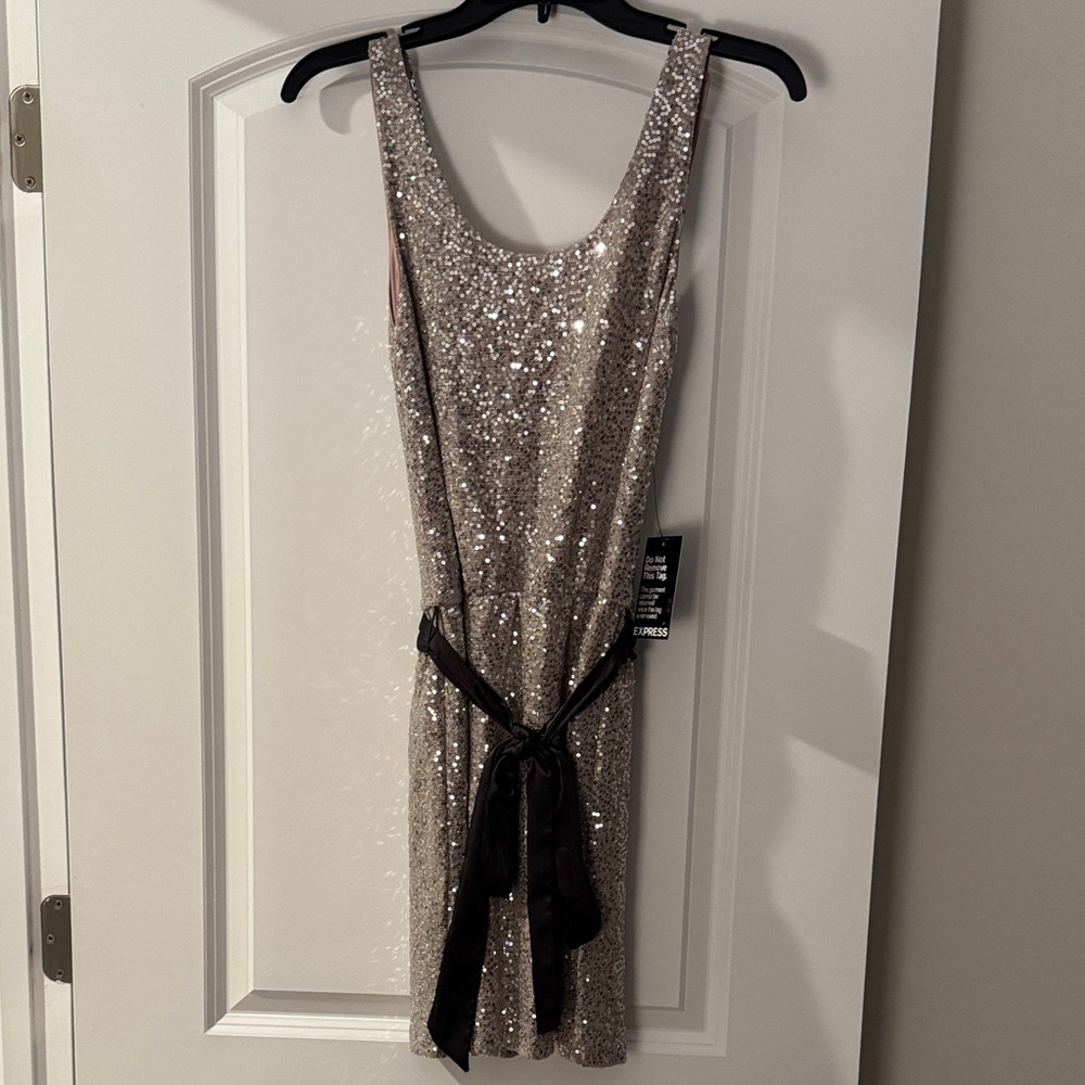 Sequin Sleeveless Dress with removable brown bow tie around waist - NEW WITH TAG